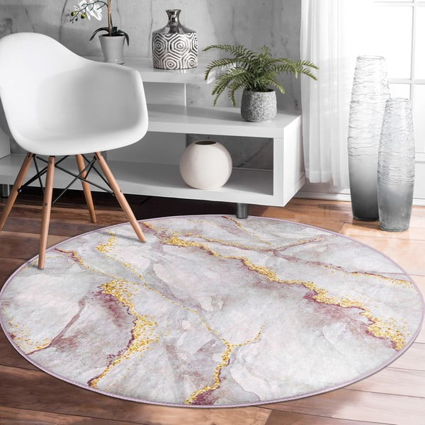 Světle růžový/ve zlaté barvě pratelný kulatý koberec ø 100 cm Marble – Mila Home-image-3