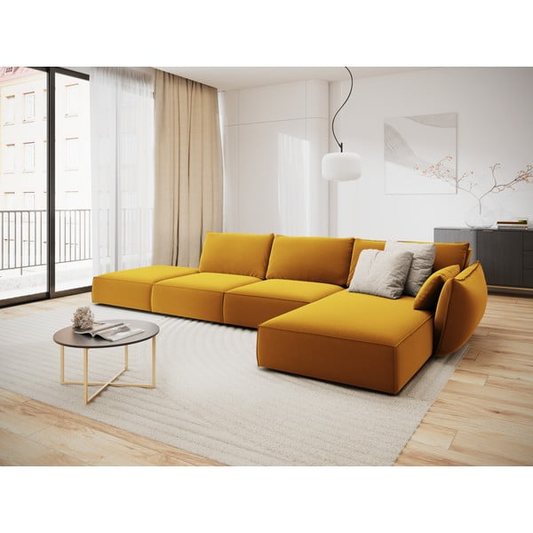 Sametová rohová pohovka v hořčicové barvě (pravý roh/s lenoškou) Vanda – Mazzini Sofas-image-1