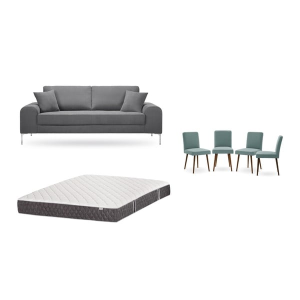 Set třímístné šedé pohovky, 4 šedozelených židlí a matrace 160 x 200 cm Home Essentials