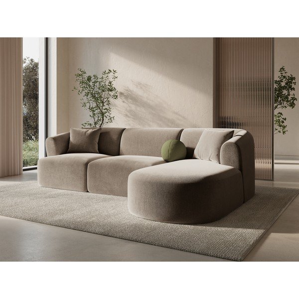 Světle hnědá sametová rohová pohovka (pravý roh/s lenoškou) Campi – Cosmopolitan Design-image-1