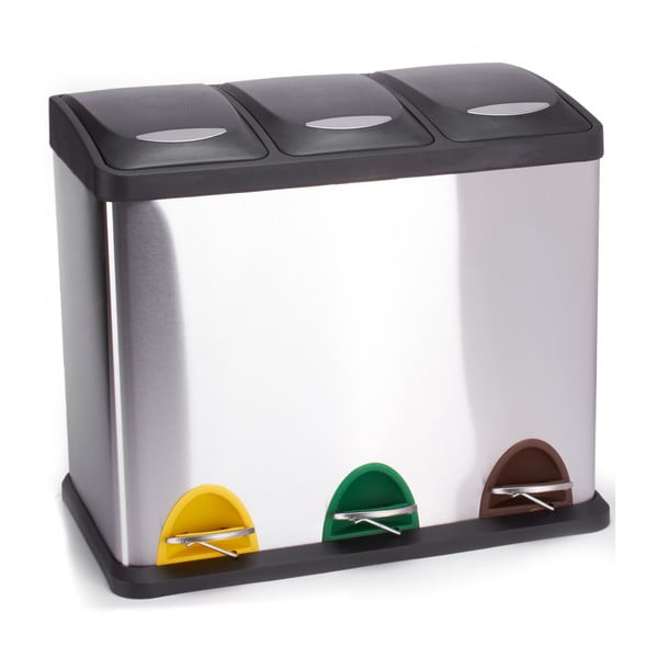 Ocelový odpadkový koš 3x8 l na tříděný odpad/nášlapný v matně stříbrné barvě   Tri Selectif – MSV