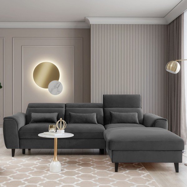 Tmavě šedá sametová rozkládací/s úložným prostorem rohová pohovka (pravý roh/s lenoškou) Foble – ELTAP-image-1