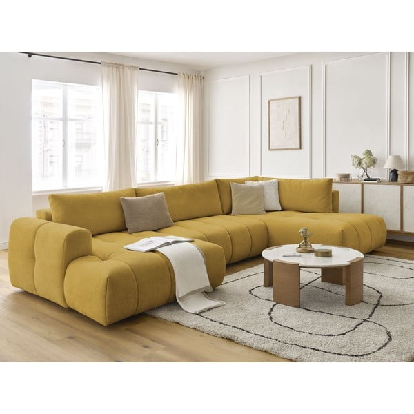 Rozkládací/s úložným prostorem rohová pohovka v hořčicové barvě (pravý roh/do "U") Fuji – Bobochic Paris-image-1