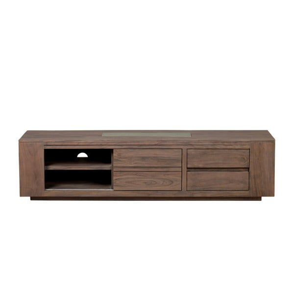 TV stolek  z masivního šedě mořeného akáciového dřeva s posuvnými dveřmi a 2 zásuvkami Zara