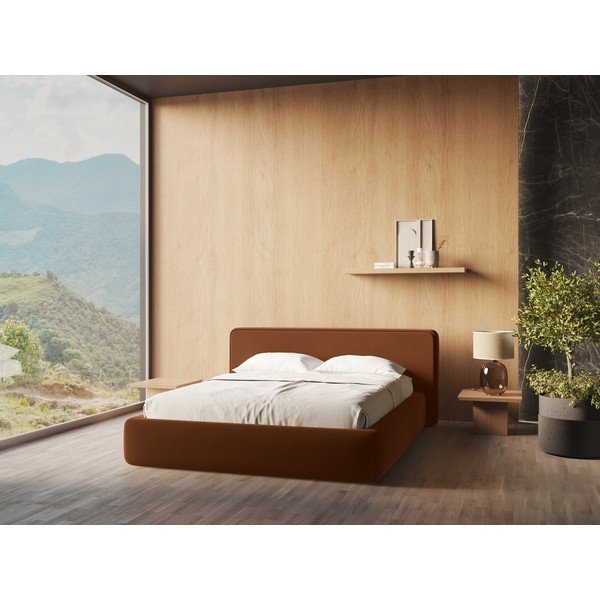 Čalouněná dvoulůžková postel v terakotové barvě s úložným prostorem s roštem 180x200 cm Kiana – Makamii-image-1