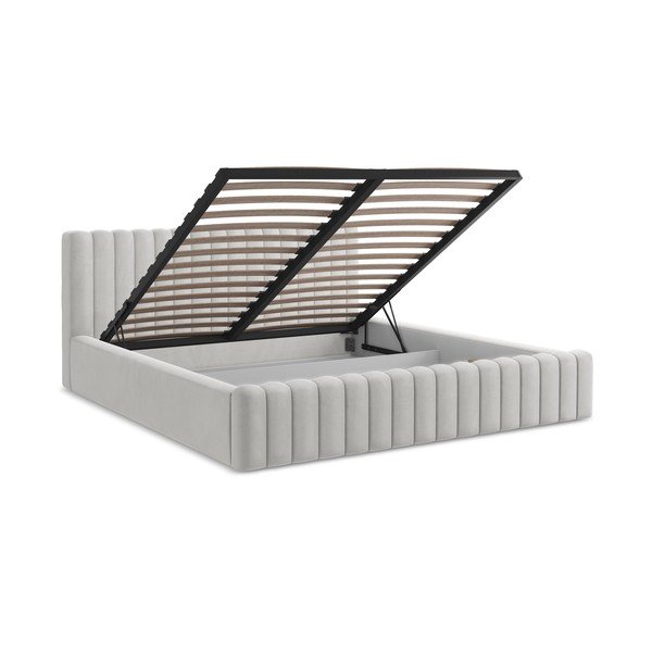 Čalouněná dvoulůžková postel s úložným prostorem s roštem 160x200 cm ve stříbrné barvě Lemi – Makamii-image-3