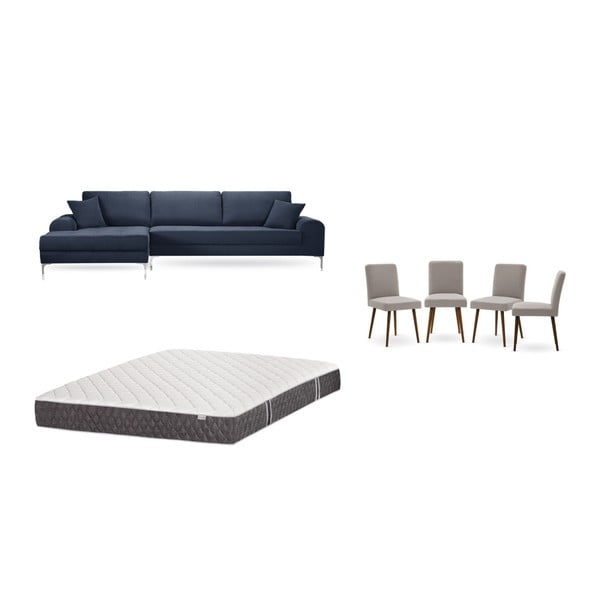 Set tmavě modré pohovky s lenoškou vlevo, 4 šedobéžových židlí a matrace 160 x 200 cm Home Essentials