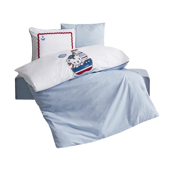 Bílé/modré bavlněné dětské povlečení do postýlky s prostěradlem/4dílné 100x150 cm Miniyo – Mijolnir