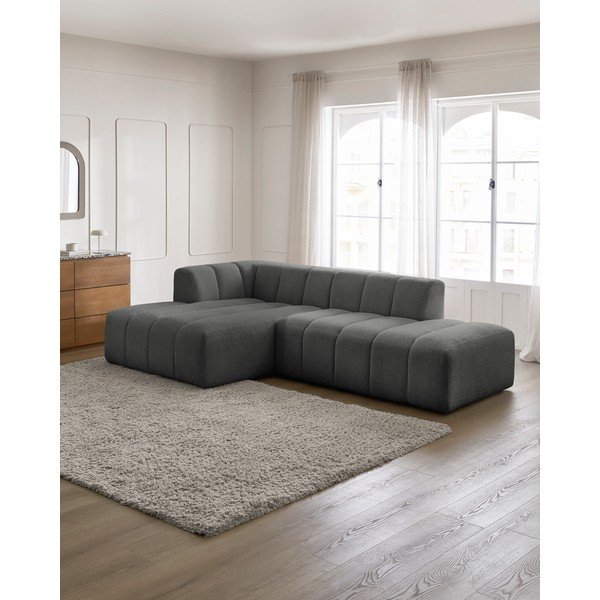 Tmavě šedá rohová pohovka z textilie bouclé (levý roh/s lenoškou) Annecy – Bobochic Paris-image-1