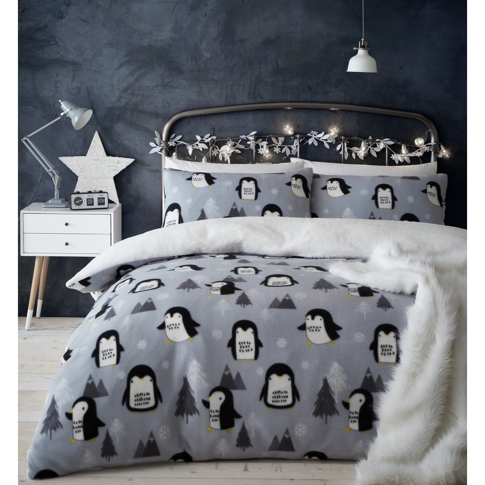 Šedé fleecové povlečení 200x200 cm Cosy Penguin - Catherine Lansfield