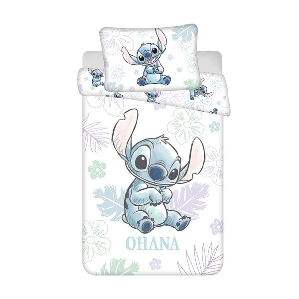Bílé bavlněné dětské povlečení do postýlky 100x135 cm Lilo and Stitch "Ohana White" – Jerry Fabrics