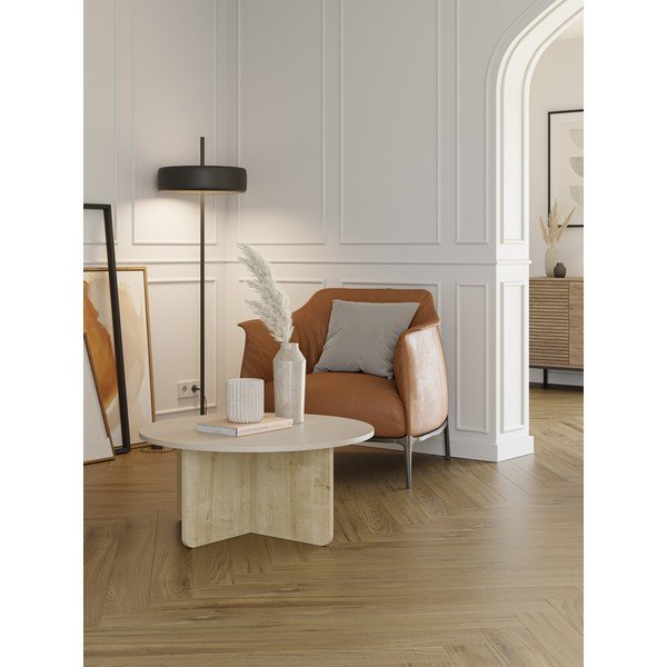 Kulatý konferenční stolek v dekoru dubu v krémovo-přírodní barvě ø 80 cm Hillary – Marckeric-image-1