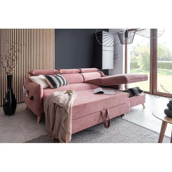Světle růžová sametová rozkládací rohová pohovka (pravý roh) Sweet Harmony – Miuform-image-4