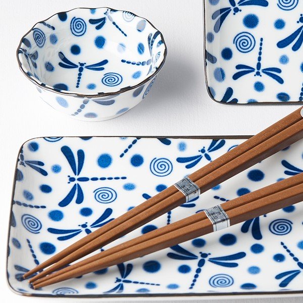 6dílný set modro-bílého keramického nádobí na sushi MIJ Blue Dragonfly-image-2