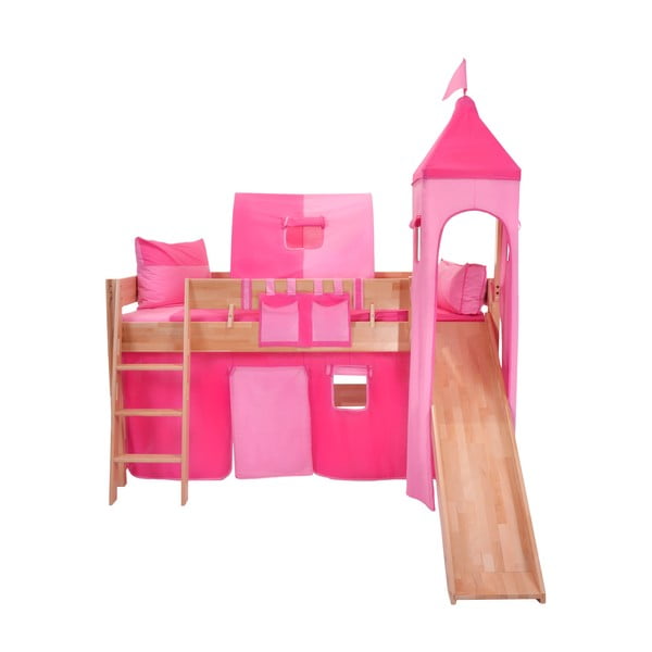 Dětská patrová postel se skluzavkou a růžovým hradním bavlněným setem Mobi furniture Luk, 200 x 90 cm