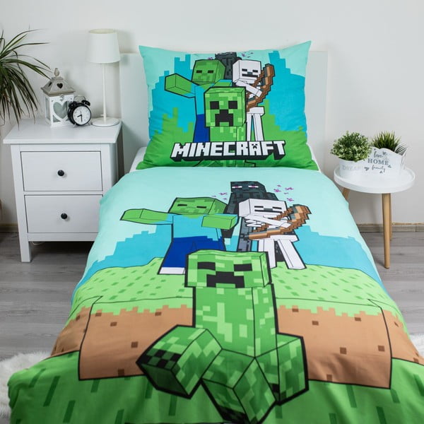 Zeleno-modré bavlněné dětské povlečení na jednolůžko 140x200 cm Minecraft "Mobs Here" – Jerry Fabrics-image-1