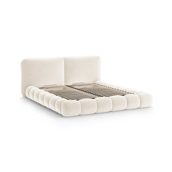 Slonovinová čalouněná dvoulůžková postel s úložným prostorem s roštem 180x200 cm Solange – Micadoni -image-3