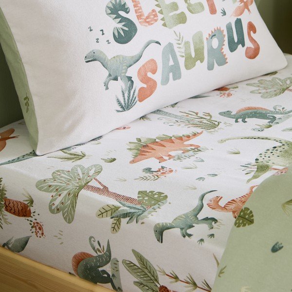 Krémové napínací flanelové dětské prostěradlo na jednolůžko 90x190 cm Brushed Sleepy Saurus Dino – Catherine Lansfield
