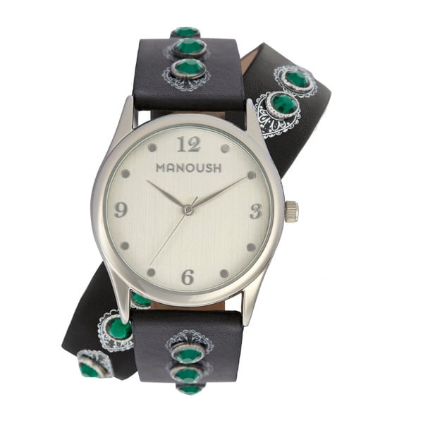 Dámské hodinky s koženým páskem a zelenými kameny Manoush Strap On