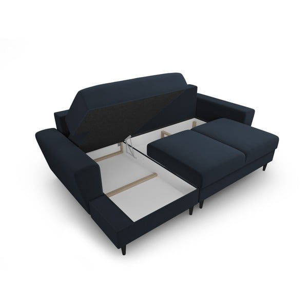 Tmavě modrá sametová rozkládací/s úložným prostorem rohová pohovka (levý roh/s lenoškou) Kyoto – Cosmopolitan Design-image-3