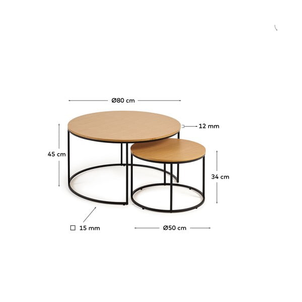 Kulaté konferenční stolky v sadě 2 ks s deskou v dubovém dekoru ø 80 cm Yona - Kave Home-image-4