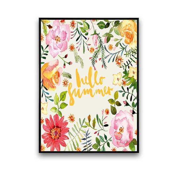 Plakát s květinami Hello Summer, bílé pozadí, 30 x 40 cm