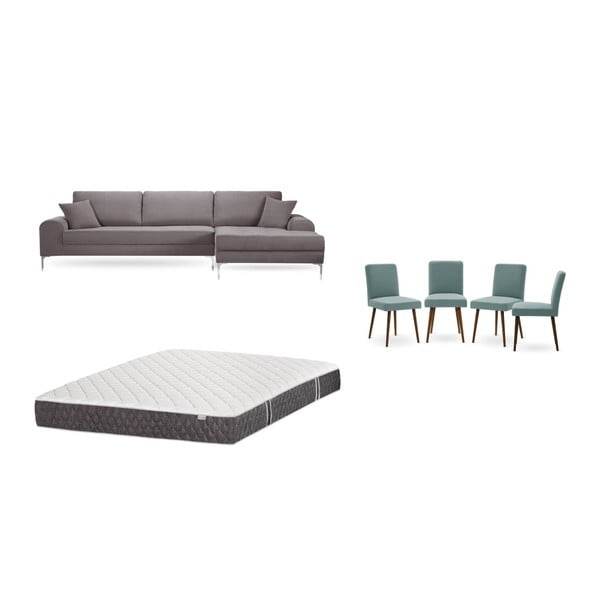Set hnědé pohovky s lenoškou vpravo, 4 šedozelených židlí a matrace 160 x 200 cm Home Essentials