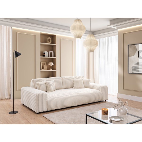 Krémová manšestrová rozkládací/s úložným prostorem pohovka 260 cm Justin  – Ropez-image-1