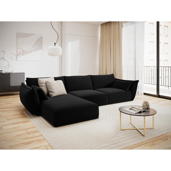 Černá sametová rohová pohovka (levý roh/s lenoškou) Vanda – Mazzini Sofas-image-1