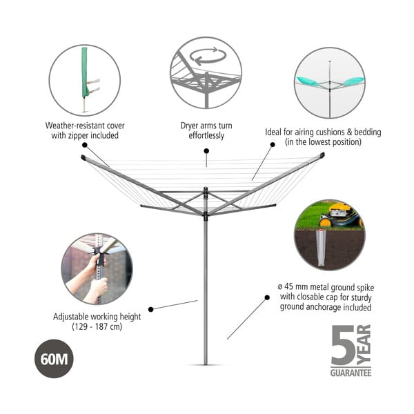 Venkovní sušák na prádlo ve stříbrné barvě 60 m Lift-O-Matic – Brabantia-image-4