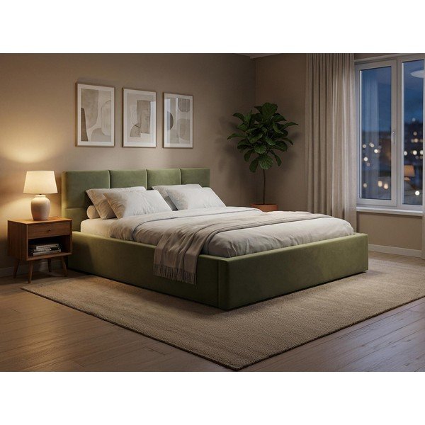 Tmavě zelená sametová čalouněná dvoulůžková postel s úložným prostorem s roštem 140x200 cm Hiko – Makamii-image-1