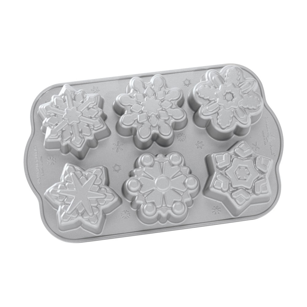 Forma na 6 mini bábovek ve stříbrné barvě Nordic Ware Snowflakes, 700 ml