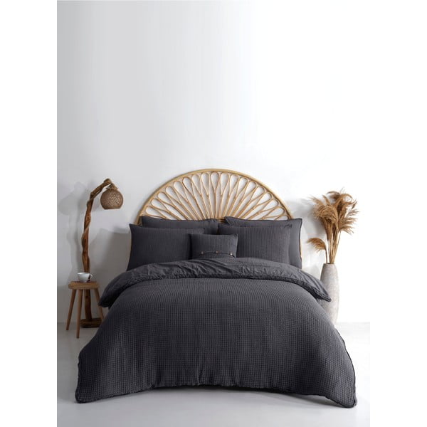 Antracitové povlečení na jednolůžko z bavlny Renforcé 140x200 cm Waffle Striped – Mila Home Luxury