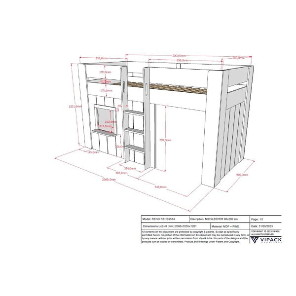 Bílá vyvýšená dětská postel z borovicového dřeva 90x200 cm RENO – Vipack-image-3