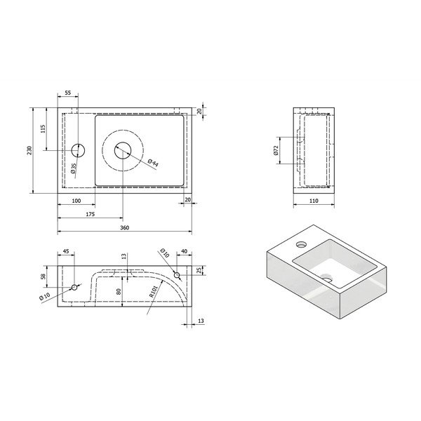 Bílé malé umyvadlo z litého mramoru Sapho Alabama, levá strana-image-3