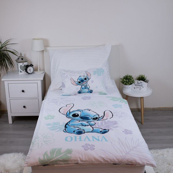 Bílé bavlněné dětské povlečení do postýlky 100x135 cm Lilo and Stitch "Ohana White" – Jerry Fabrics-image-1