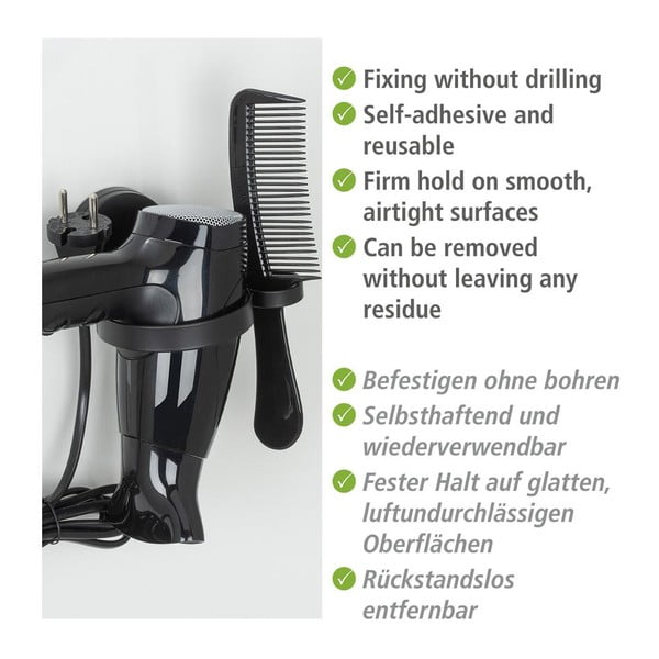 Černý nástěnný držák na fén Wenko Static-Loc® Pavia-image-2