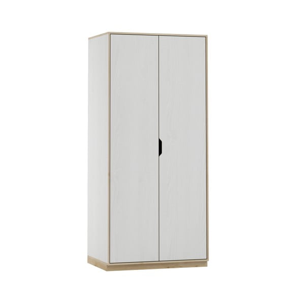 Bílá dvoudvéřová šatní skříň s dřevěným dekorem Szynaka Meble Happy