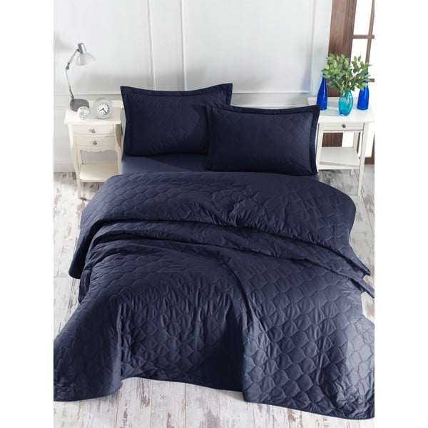Tmavě modrý přehoz přes postel s povlakem na polštář z ranforce bavlny EnLora Home Fresh, 180 x 225 cm