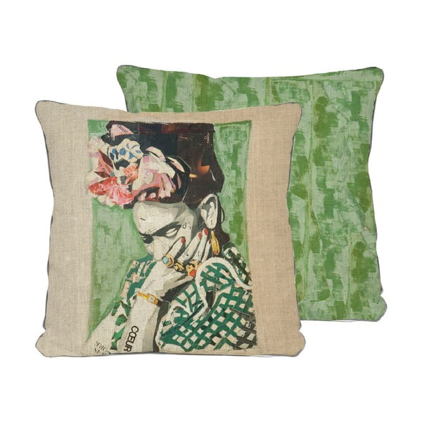 Oboustranný povlak na polštář s příměsí lnu Madre Selva Frida Collage Green, 45 x 45 cm