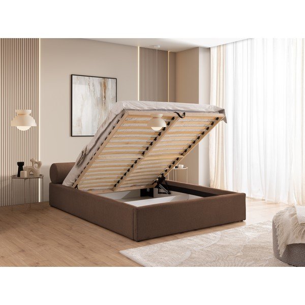 Hnědá čalouněná dvoulůžková postel s úložným prostorem s roštem 160x200 cm Cille – Ropez-image-4