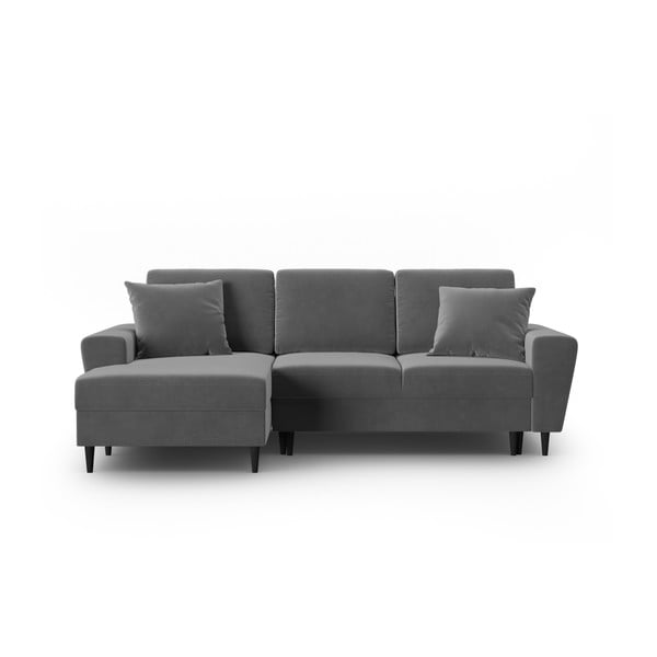 Světle šedá sametová rozkládací/s úložným prostorem rohová pohovka (levý roh/s lenoškou) Kyoto – Cosmopolitan Design