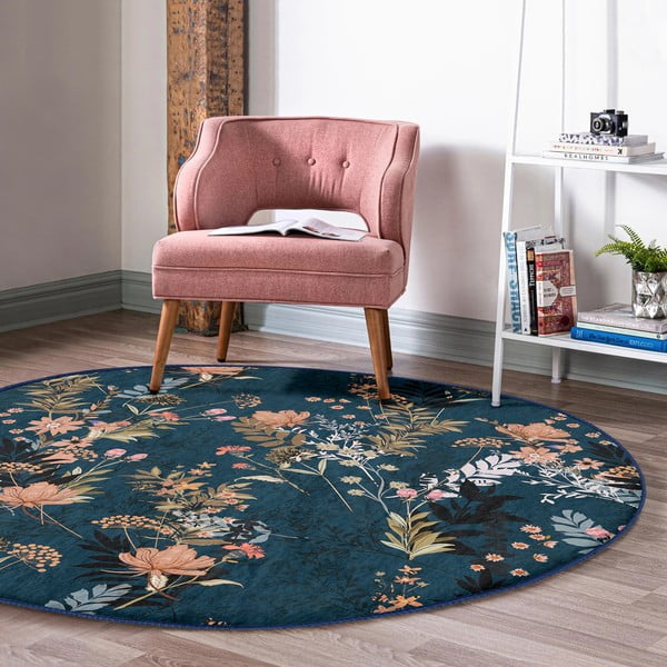 Tmavě modrý pratelný kulatý koberec vhodný pro robotické vysavače ø 120 cm Comfort – Mila Home-image-1