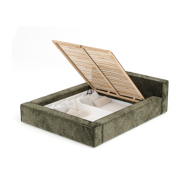 Tmavě zelená čalouněná dvoulůžková postel s úložným prostorem s roštem 160x200 cm Voliera – Maison de Rêve-image-2