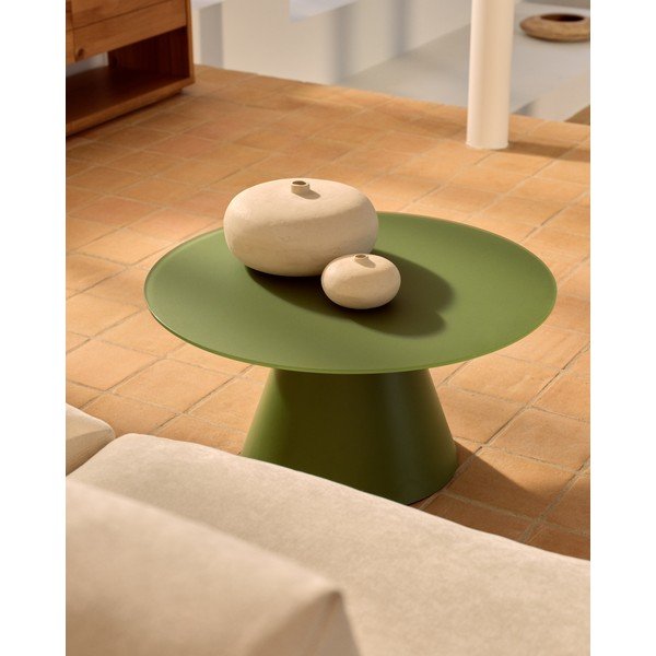 Zelený kulatý konferenční stolek se skleněnou deskou ø 80 cm Wilshire – Kave Home-image-1