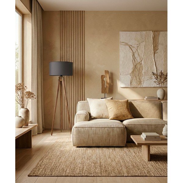 Černá/hnědá stojací lampa s textilním stínidlem (výška 153 cm) Tripod – Opviq lights-image-1