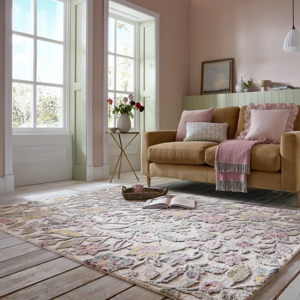 Krémový ručně tkaný vlněný koberec 200x290 cm Tania Floral – Flair Rugs-image-1