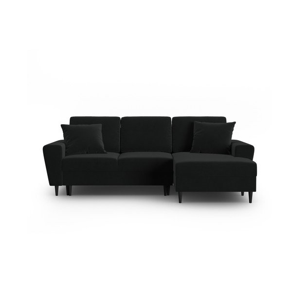 Černá sametová rozkládací/s úložným prostorem rohová pohovka (pravý roh/s lenoškou) Kyoto – Cosmopolitan Design