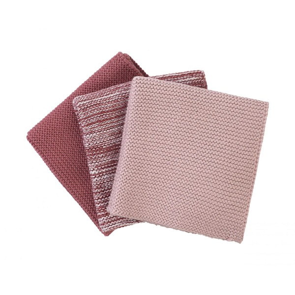 Sada 3 růžových pletených bavlněných utěrek na nádobí Blomus, 25 x 25 cm