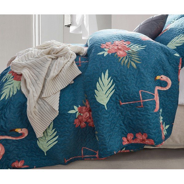 Modrý přehoz z mikroperkálu se dvěma povlaky na polštář Sleeptime Flamingo, 250 x 260 cm-image-1